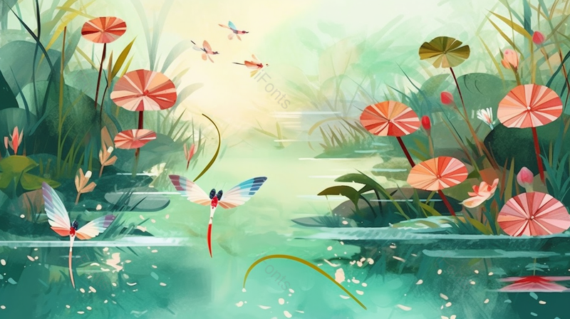一处水塘里的水草和蜻蜓插画背景,插画/手绘图,插画/手绘图库,插画/手绘图下载,插画/手绘